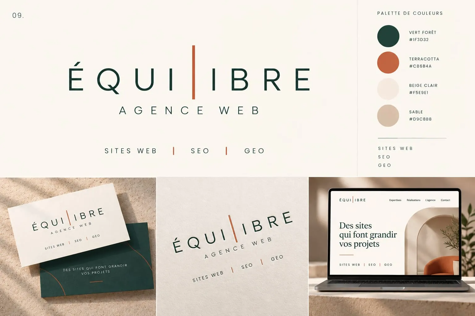 Planche d’identité visuelle d’Équilibre avec logo, palette de couleurs et aperçu de site sur ordinateur.