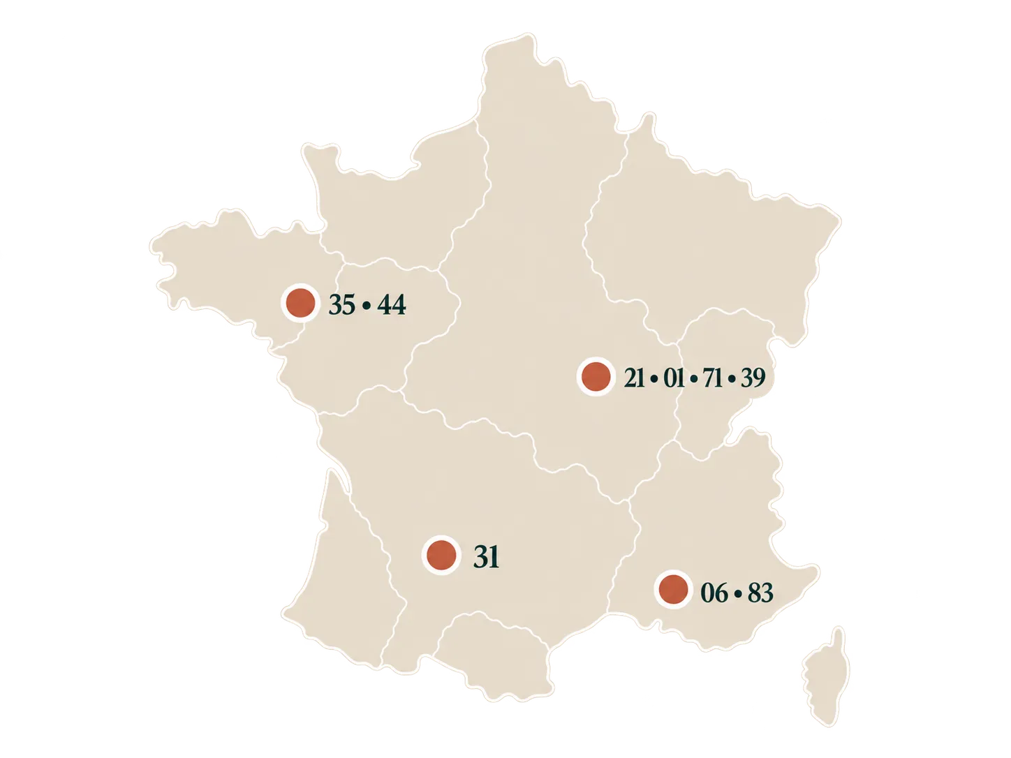 Carte stylisée de la France indiquant les départements 31, 06, 83, 35, 44, 21, 01, 71 et 39