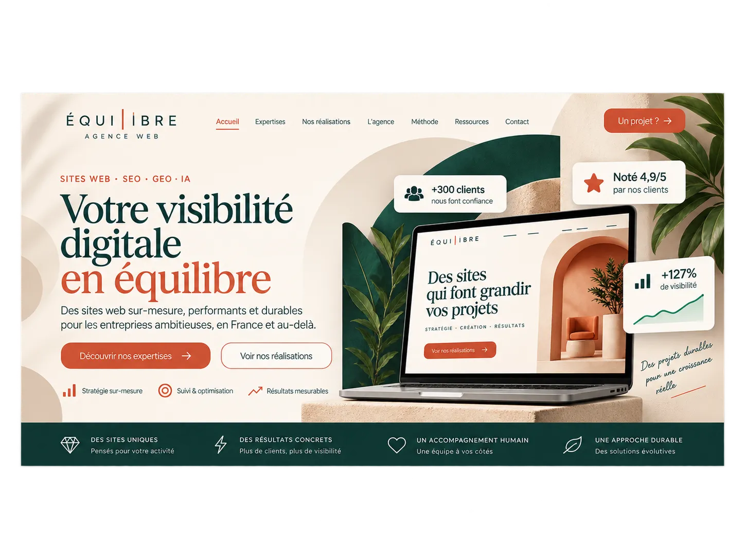 Maquette d’accueil d’une agence web affichée sur un ordinateur portable, avec une interface aux tons vert foncé, crème et terracotta.