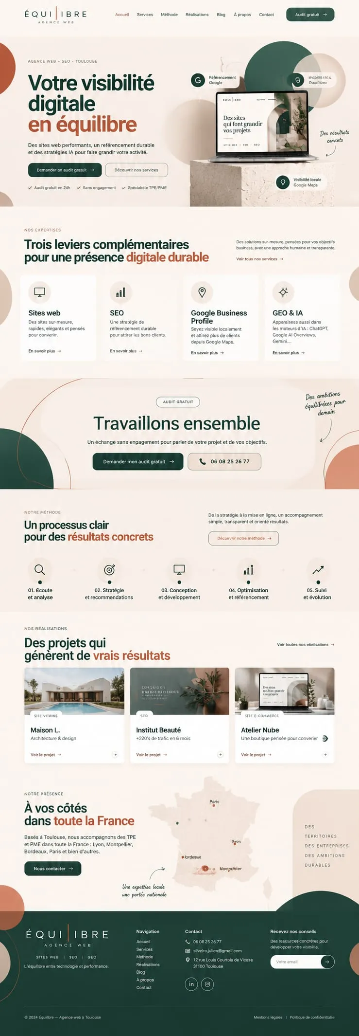 Capture d’écran verticale du site d’Équilibre présentant ses services de création de sites et de référencement.